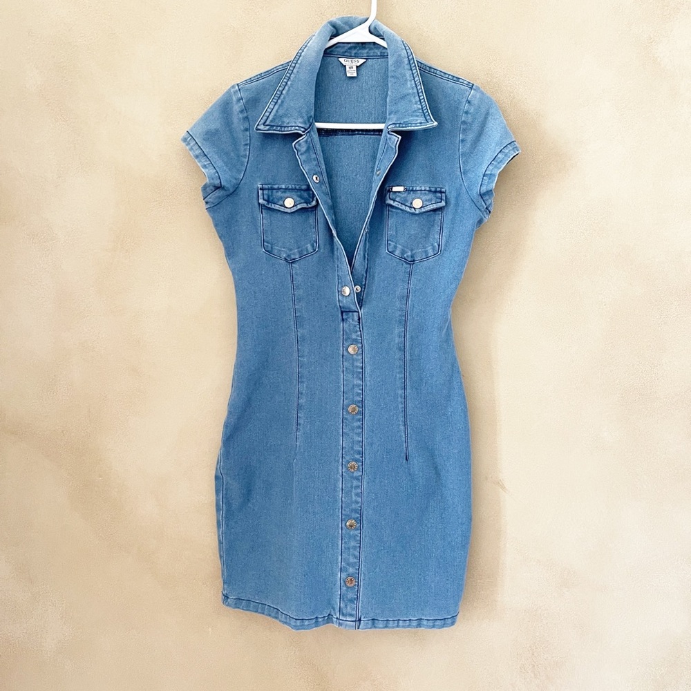 Guess jeans short sleeve blue denim bodycon dress with buttons